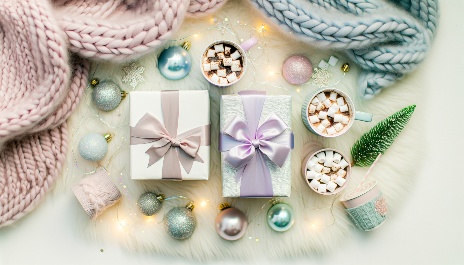 Pastel holiday gift boxes with ribbons, cozy winter blankets, hot cocoa, and Christmas ornaments styled for aesthetic Christmas decor. Pastel Holiday Gifts