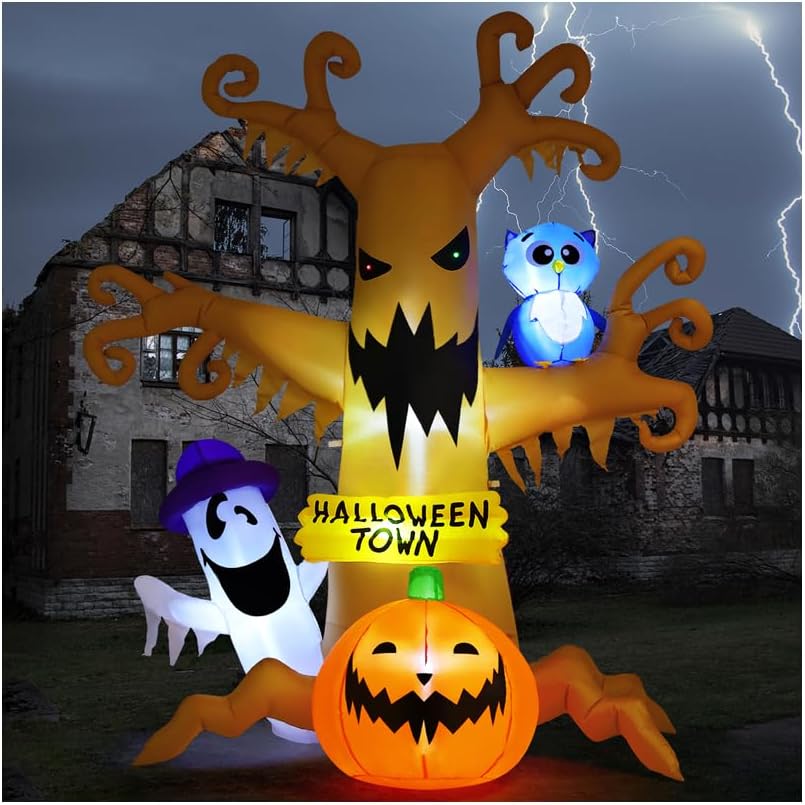 8 FT Halloween Inflatable Dead Tree with LED, Owl, Ghosts, Pumpkins, Blow Up Yard Decor