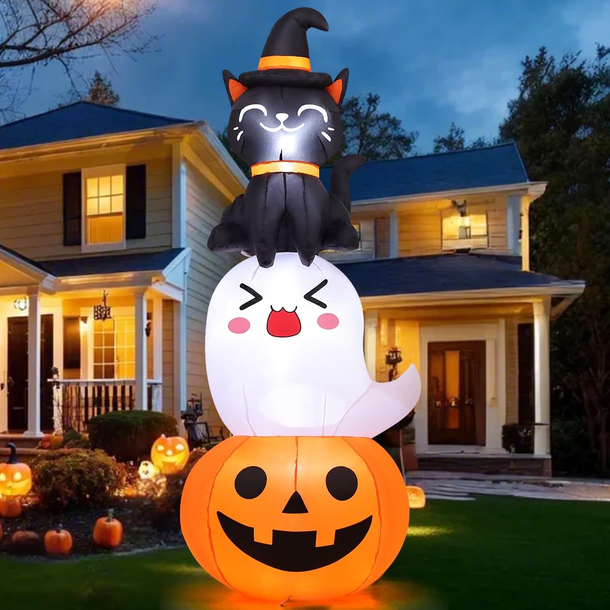Halloween inflatable decorations, 6 FT Pumpkin Ghost Cat combo, outdoor lawn decor, built-in LED lights