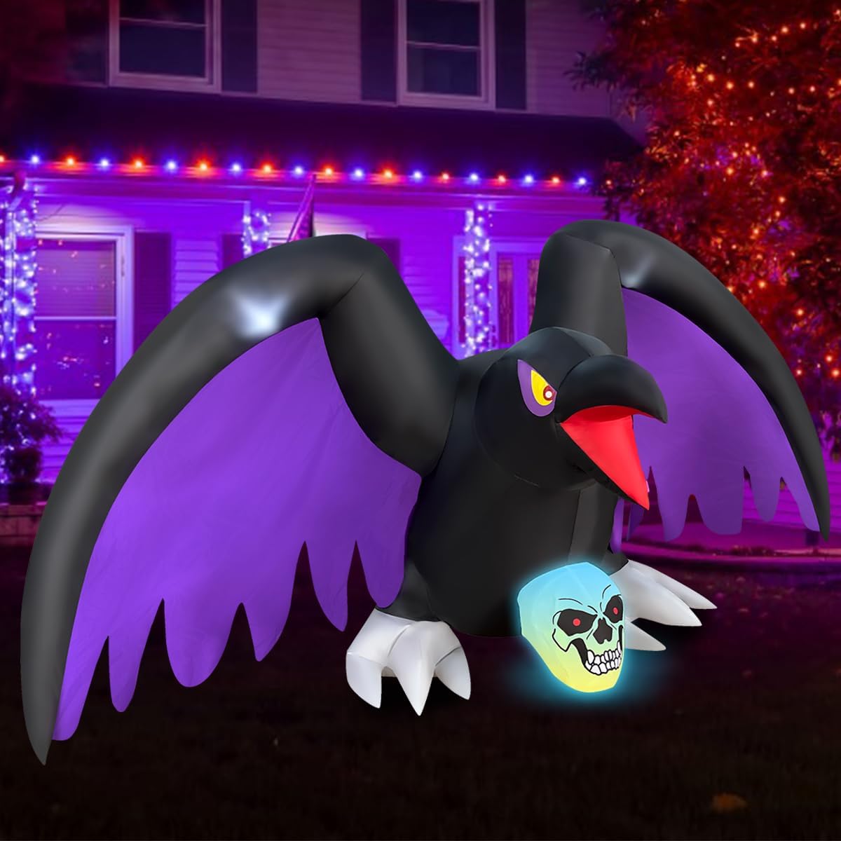 Halloween inflatable crow with RGB lights, LED skeleton decoration for indoor outdoor spooky decor
