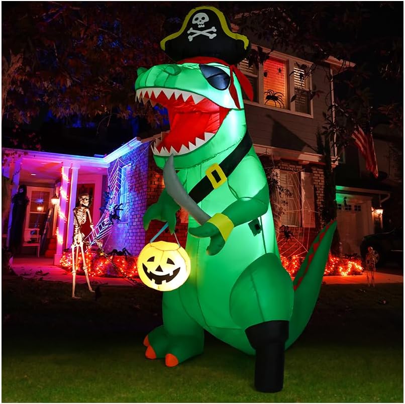 GOOSH 7 FT Halloween Inflatables Dinosaur with Pirate and Pumpkin, Outdoor Lawn Blow-Up Decoration