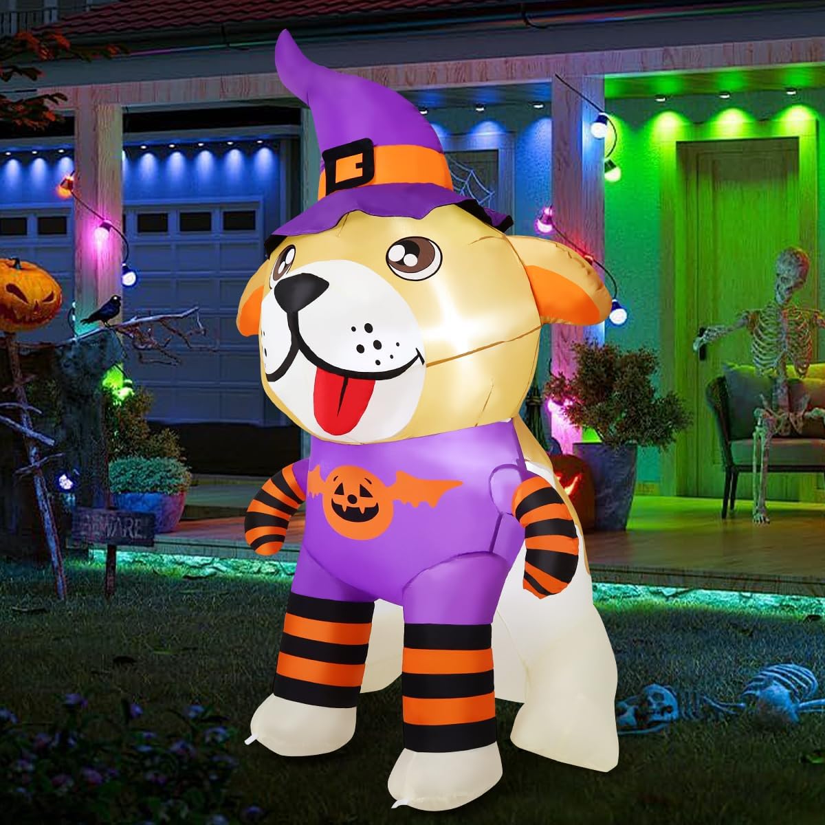 GOOSH 6 FT Halloween inflatables dog in pumpkin outfit and witch hat with LEDs for yard decoration