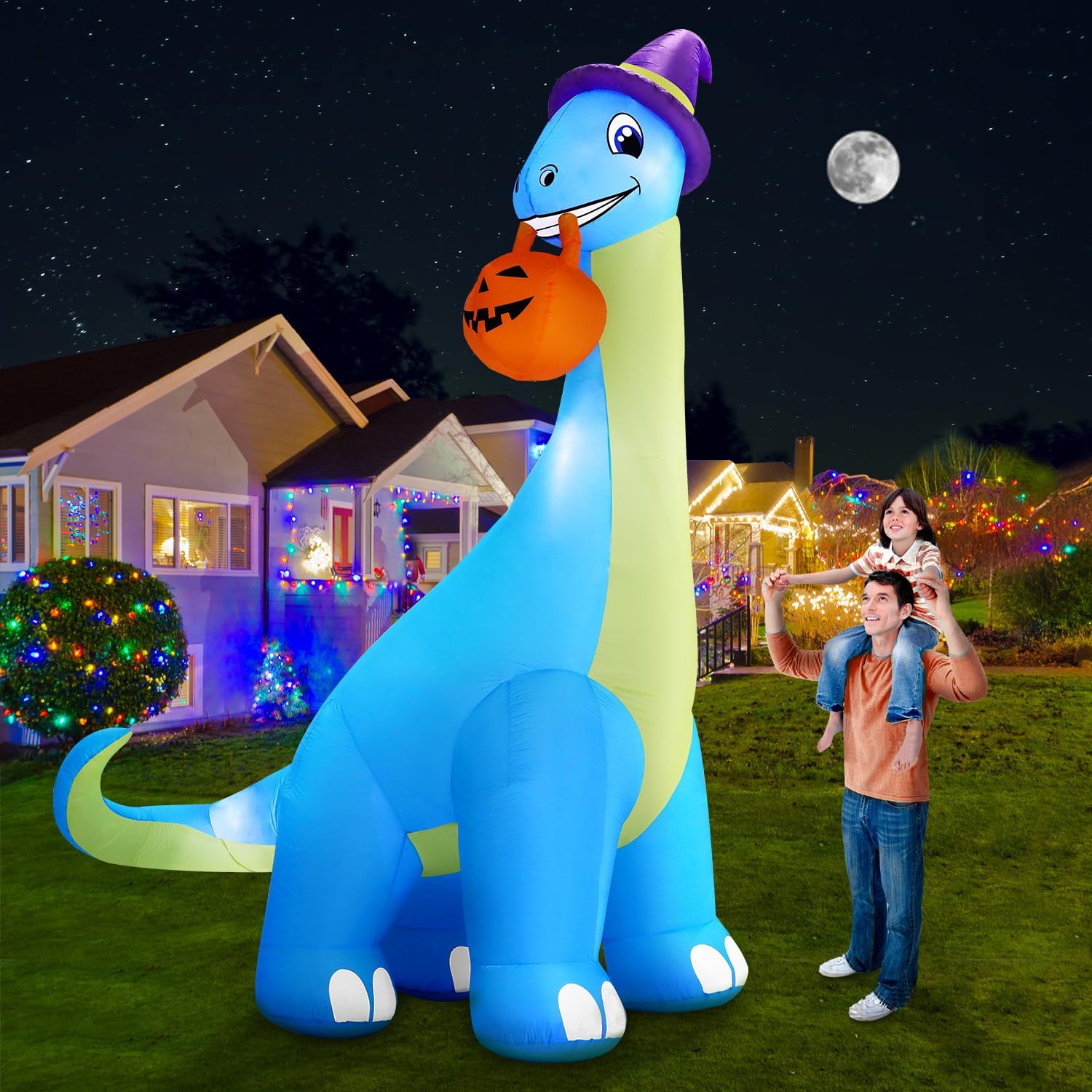 13ft Giant Halloween inflatable dinosaur with LED lights and witch hat for outdoor decor