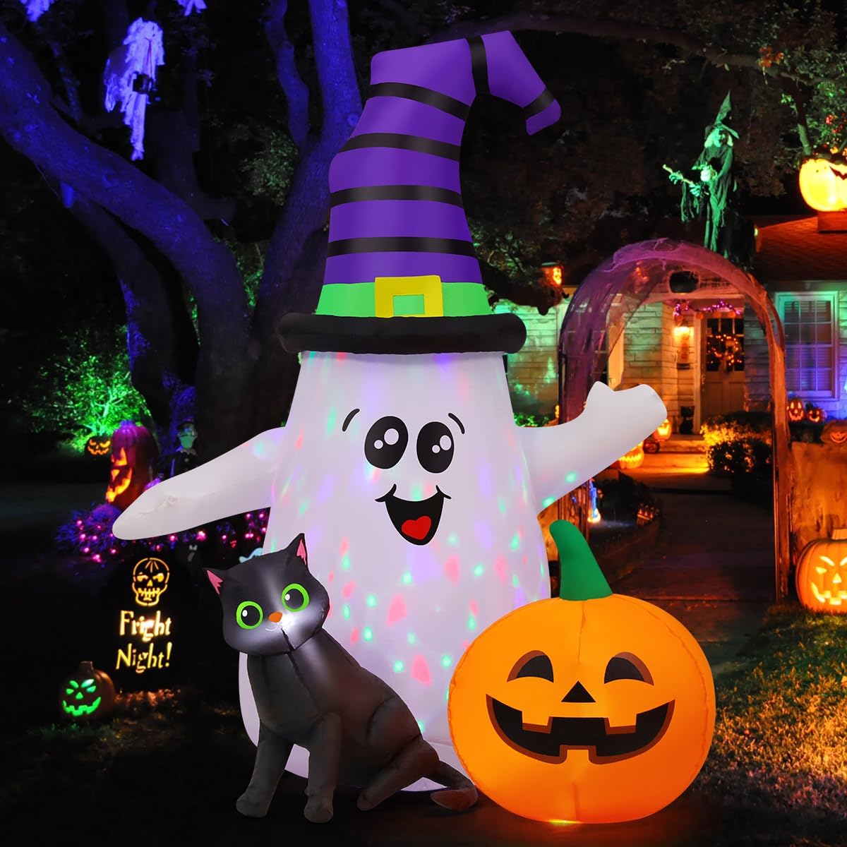 GOOSH 5 FT Halloween Inflatables Ghost with Pumpkin and Cat, LED Garden Yard Decoration