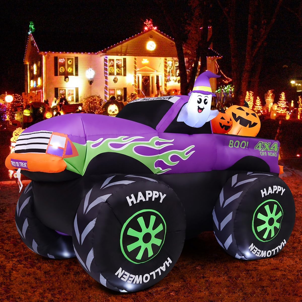 GOOSH 8 FT Halloween inflatables monster truck with pumpkin and ghost, outdoor LED decoration