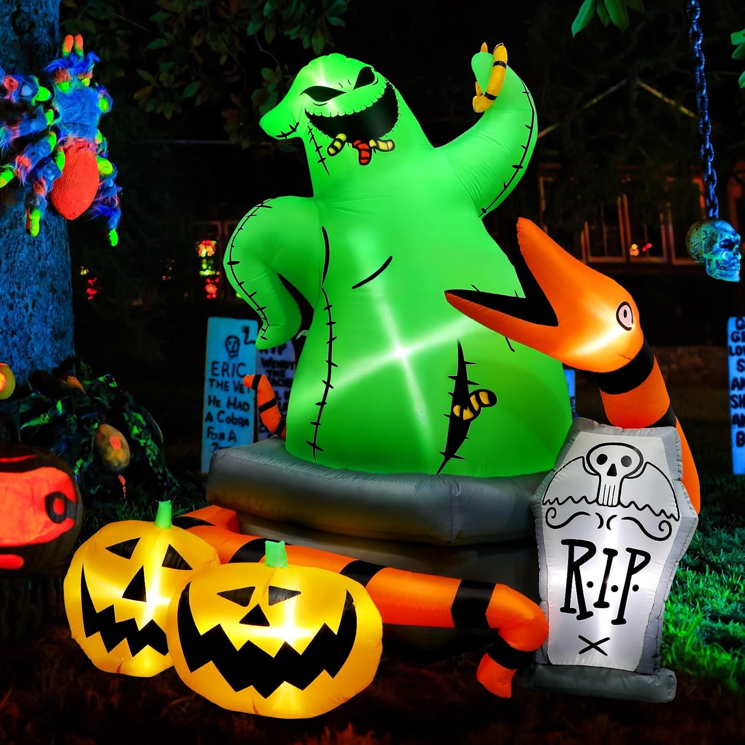 6Ft Halloween Inflatable Green Monster with LED Lights, Snake, Pumpkins, Tombstone Lawn Decoration