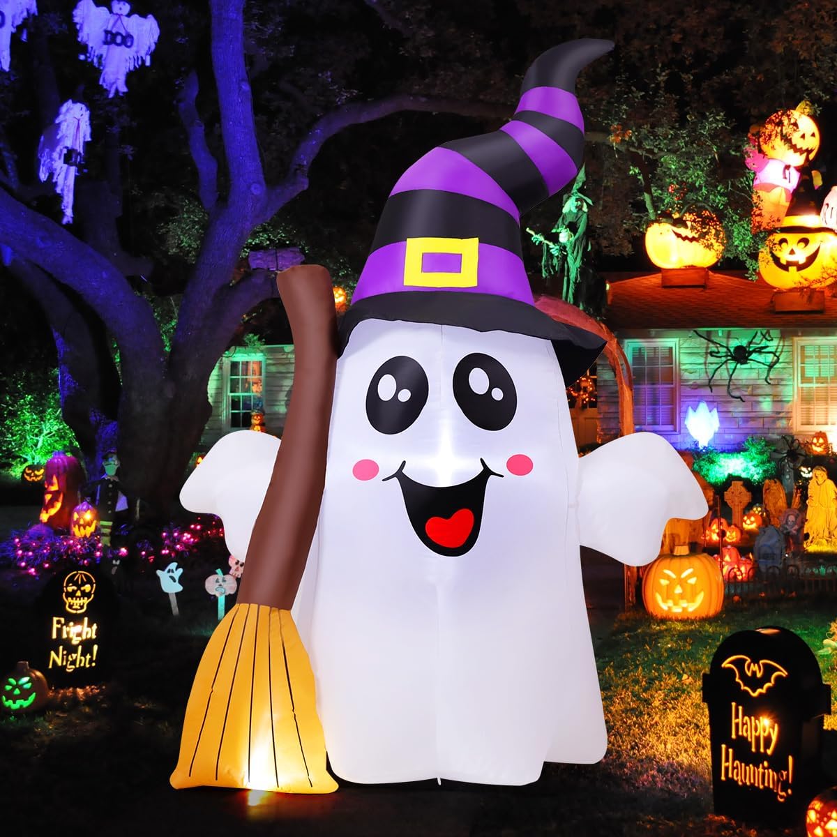 6.2 FT Halloween inflatable ghost with broom, LED lights for outdoor decor, spooky yard decoration