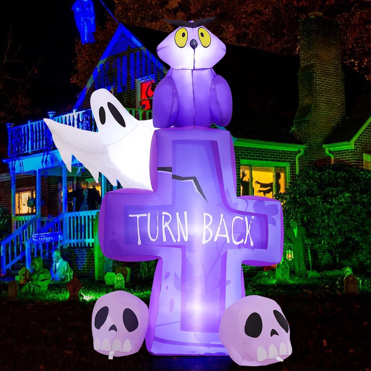 6FT Halloween inflatable owl on tombstone with LED lights for outdoor decoration, ghost, and skull themes.