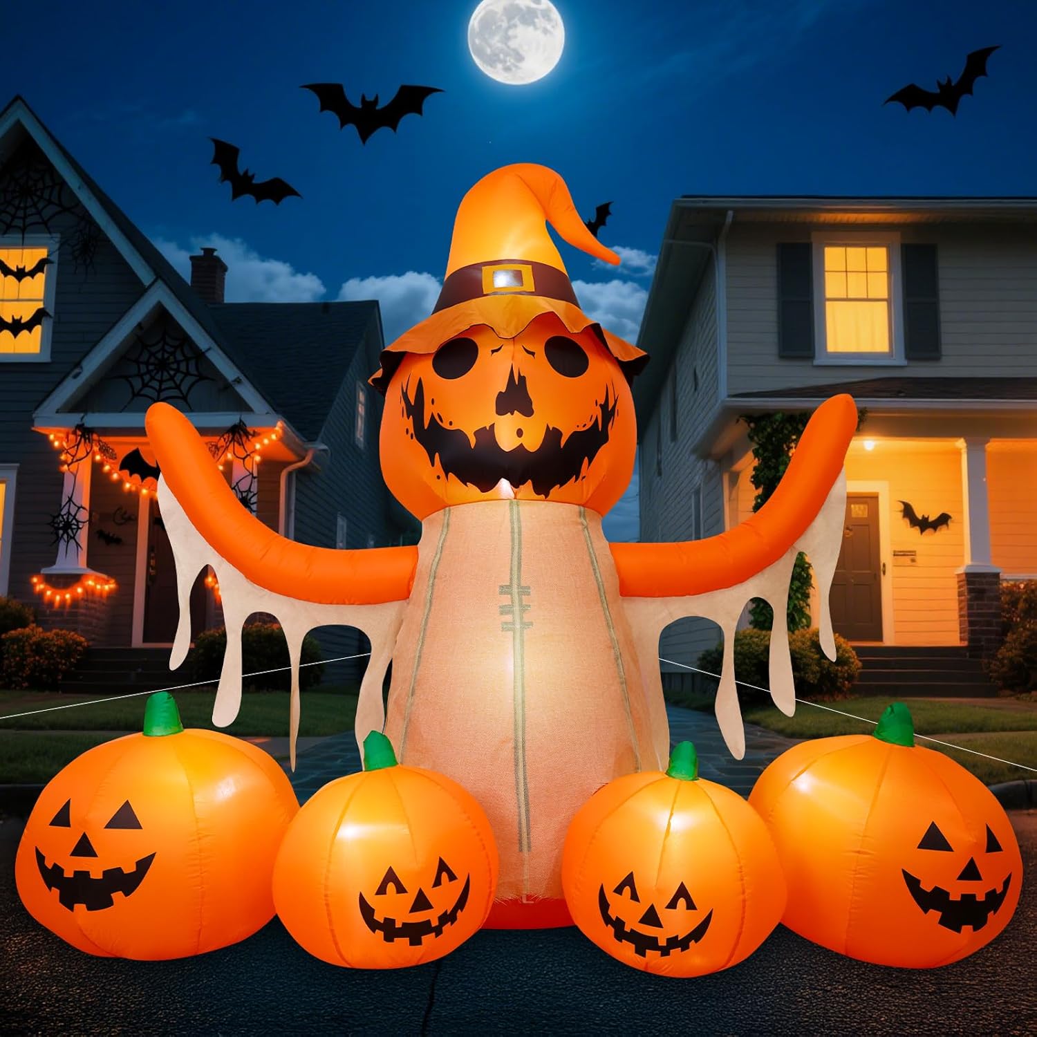 8FT Halloween Inflatables Pumpkin Scarecrow with LED for Outdoor Yard Decoration