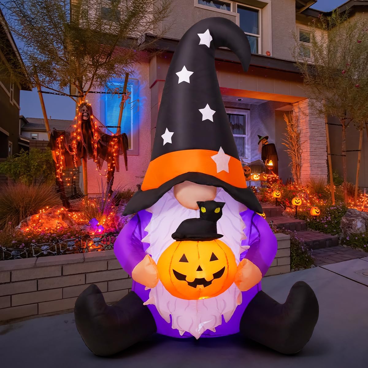 Giant 5-ft Halloween inflatable gnome with pumpkin, outdoor Halloween decoration with LED lights