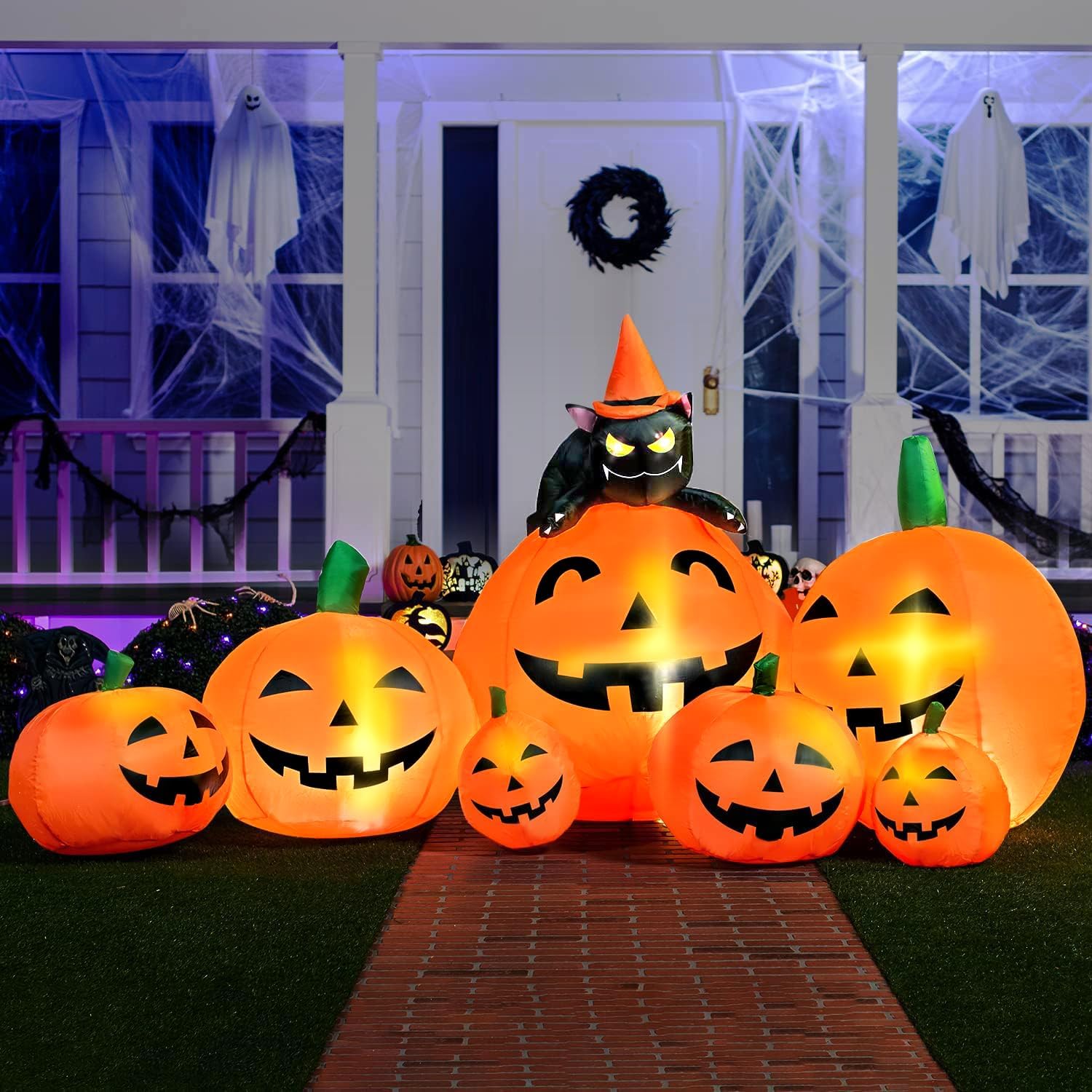 Joiedomi 7 FT Long Halloween Inflatables Pumpkin Outdoor Decorations with Witch's Cat and LED lights