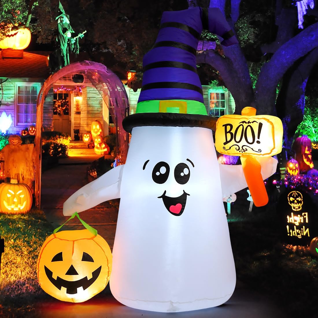 5 FT Halloween Inflatable Wizard Ghost with Pumpkin, Outdoor LED Lawn Decoration