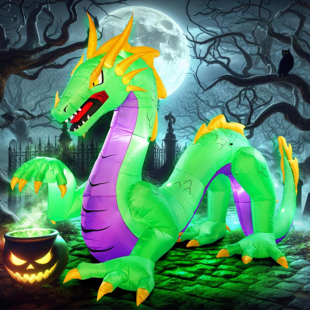 11FT Giant Green Halloween Inflatable Dragon with LED lights outdoor decoration
