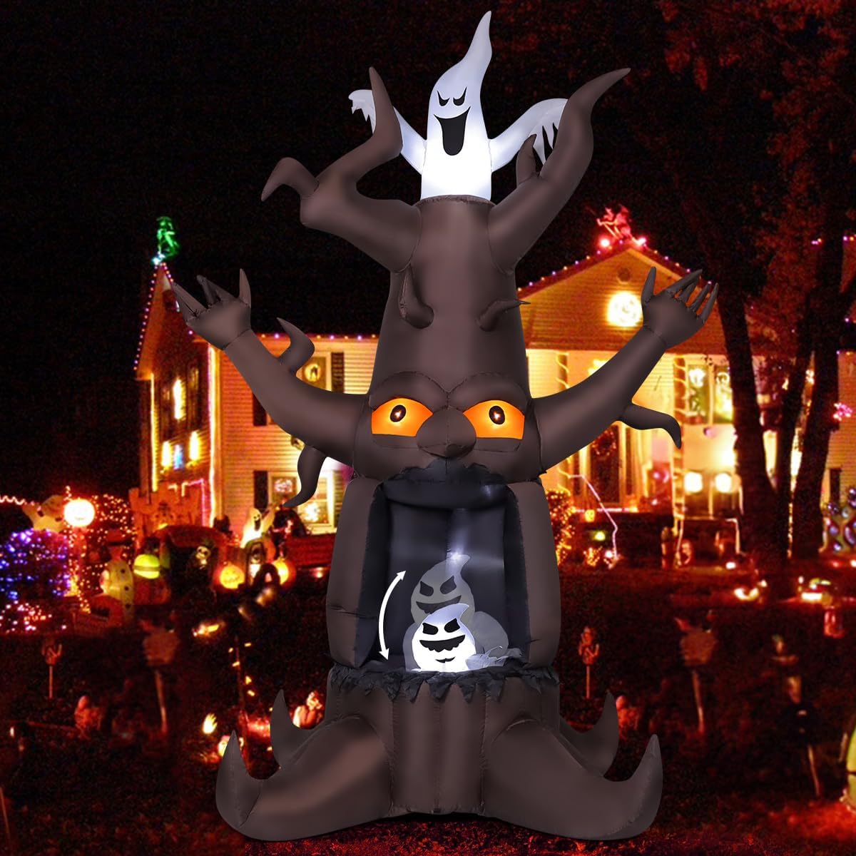 GOOSH 9 FT Halloween inflatable animated dead tree with ghost for garden and lawn decor