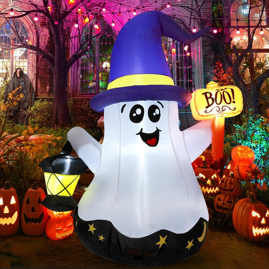 5 FT Halloween Inflatables Ghost with LED, Outdoor Wizard Ghost Decoration for Yard, Garden, Party
