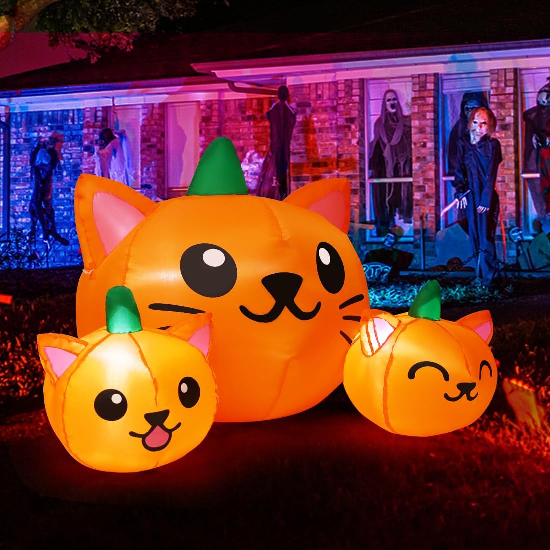 COMIN Halloween Inflatable 5FT Pumpkin Cat, Blow Up Yard Decoration with LEDs for Holiday