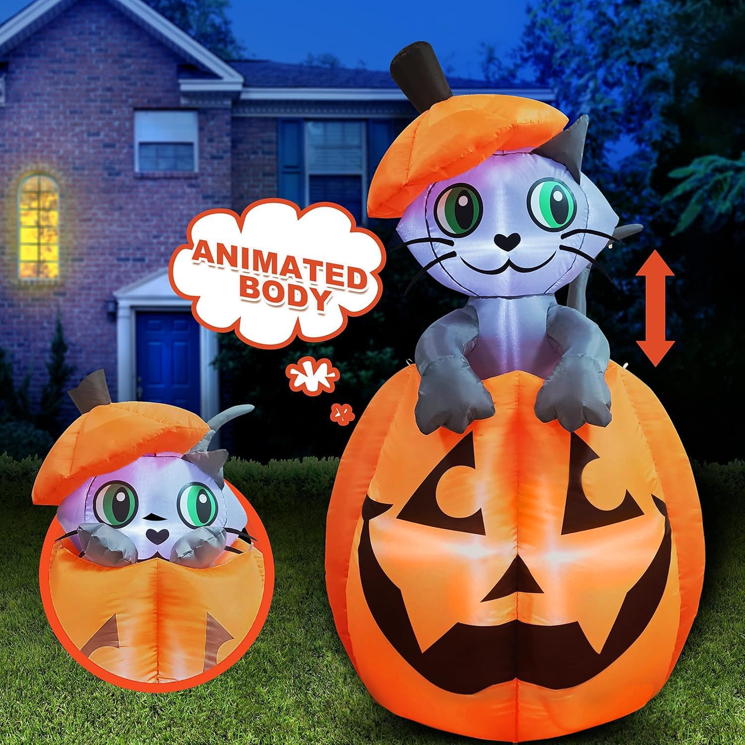 Inflatable Halloween decoration with glowing LED cat and pumpkin for outdoor yard decor.