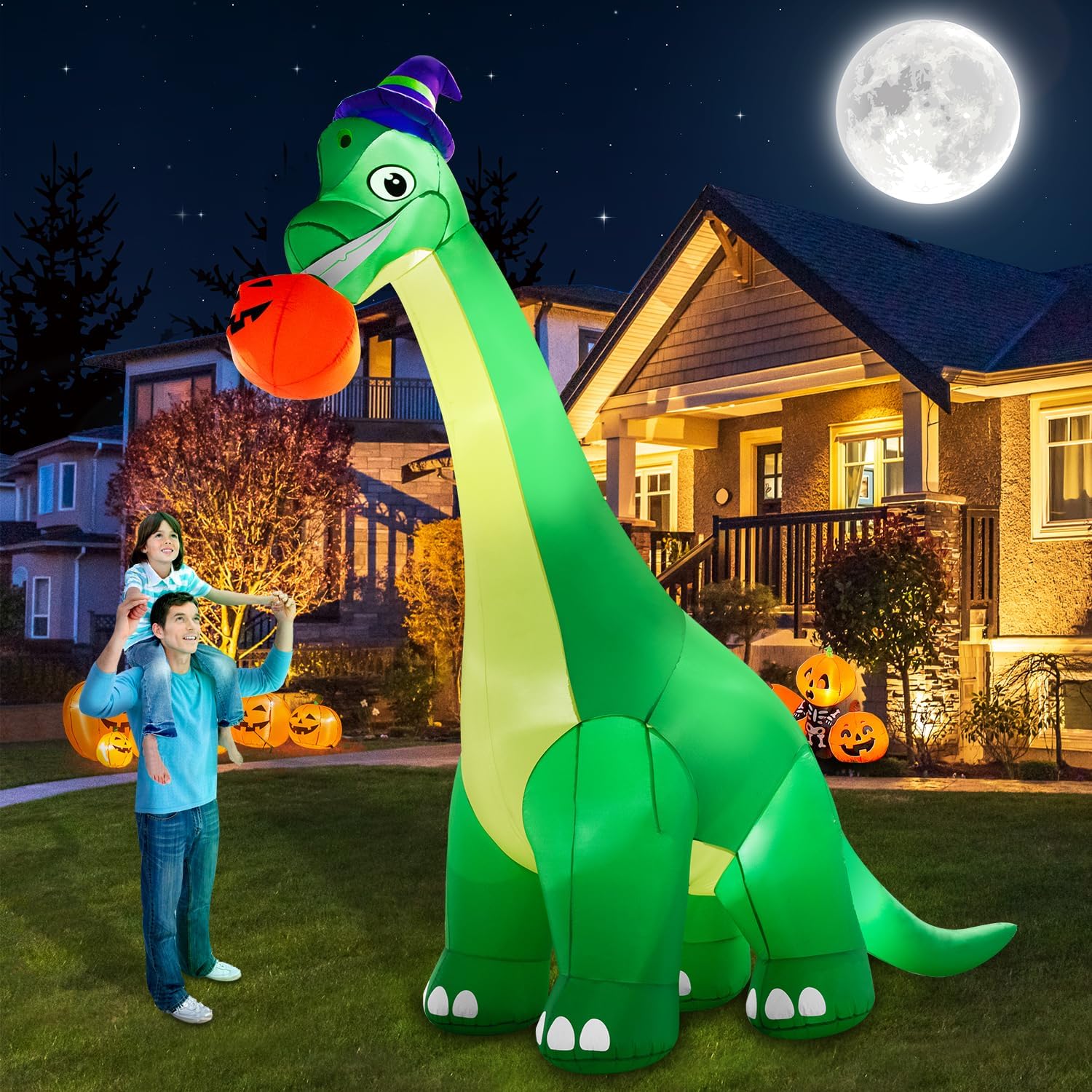 13Ft Giant Halloween Dinosaur Inflatable with Pumpkin and Witch Hat, LED-lit for Outdoor Decor