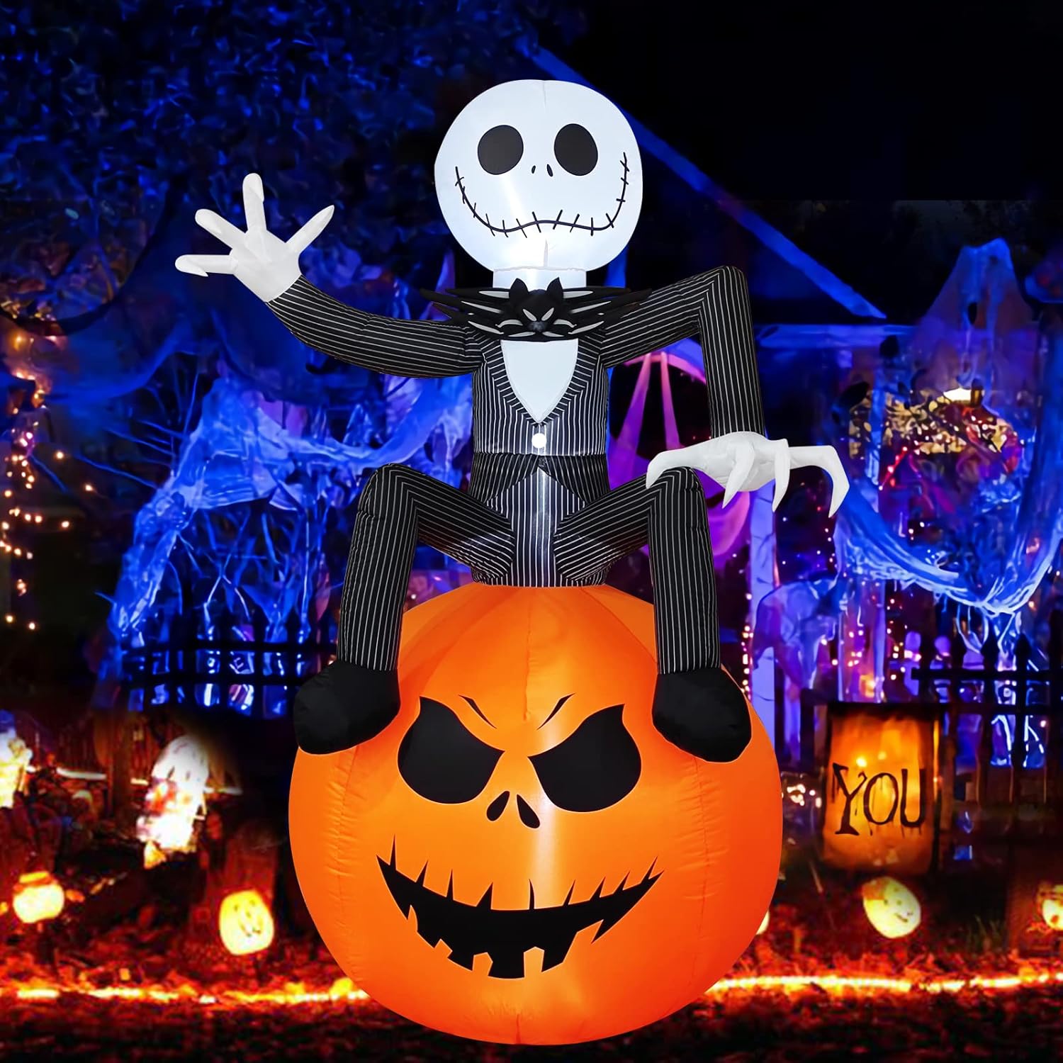 6Ft Inflatable Halloween Yard Decor with LED Skeleton and Pumpkin for Outdoor Lawn Decoration