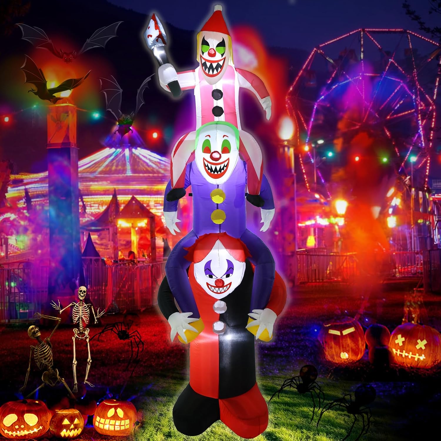 LETIME 8FT Halloween Inflatables 3 Scary Clowns Stacked in Human Ladder with Axe for Yard Lawn Party
