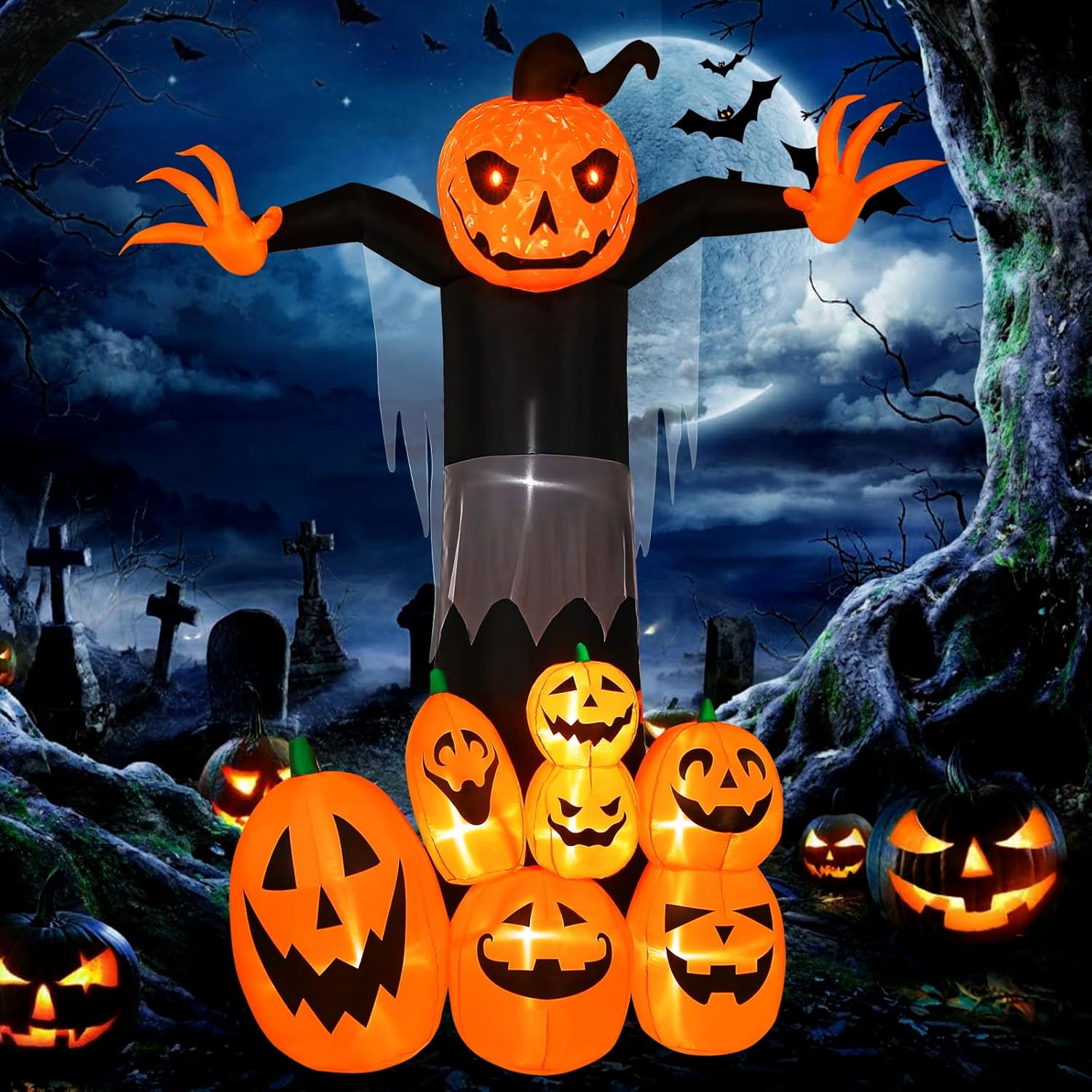 9FT Giant Halloween Inflatable Pumpkin Reaper with Rotating LED Lights for Outdoor Yard Decor