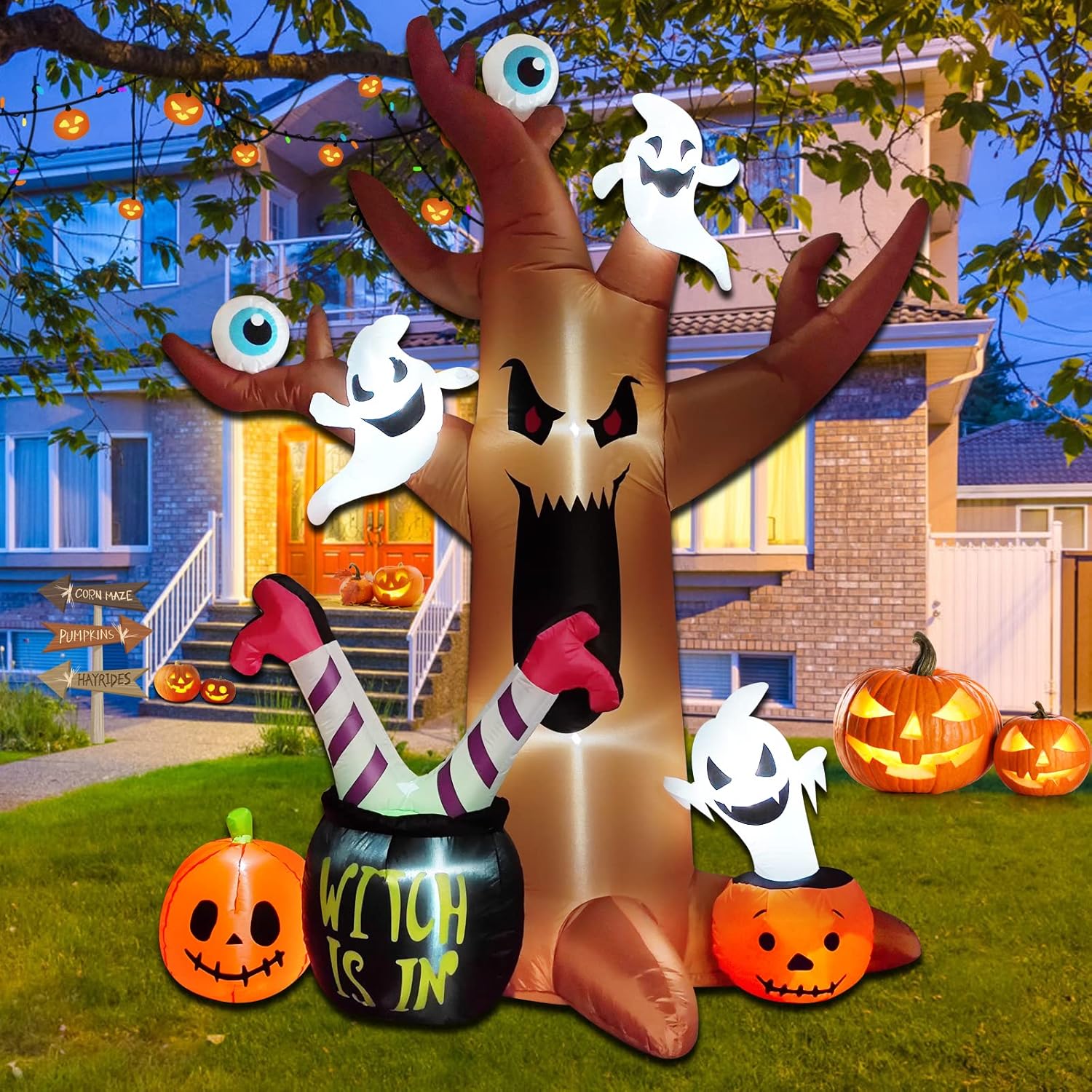 8 Ft Halloween Inflatables with Ghosts, Pumpkins, LED Lights - Outdoor Spooky Decorations