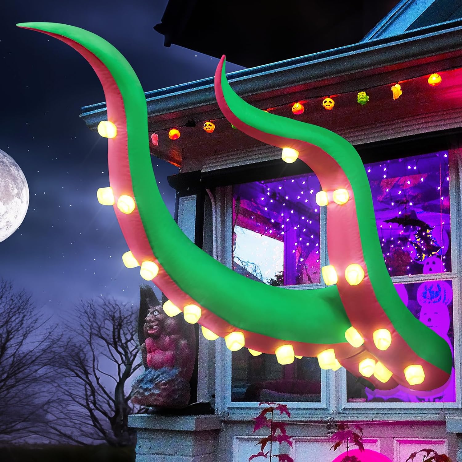 Halloween inflatable green octopus tentacles with LED lights for spooky outdoor decorations, perfect for parties