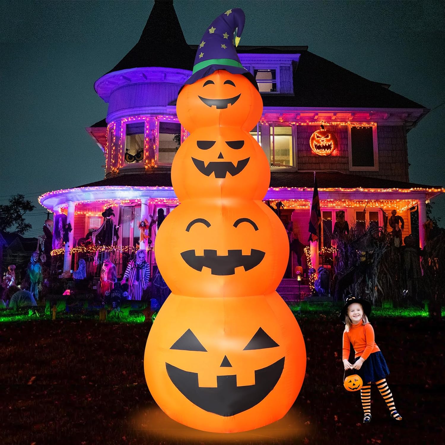 12FT Giant Halloween Inflatable Pumpkins with Witch's Hat, LED Light-up Yard Decoration
