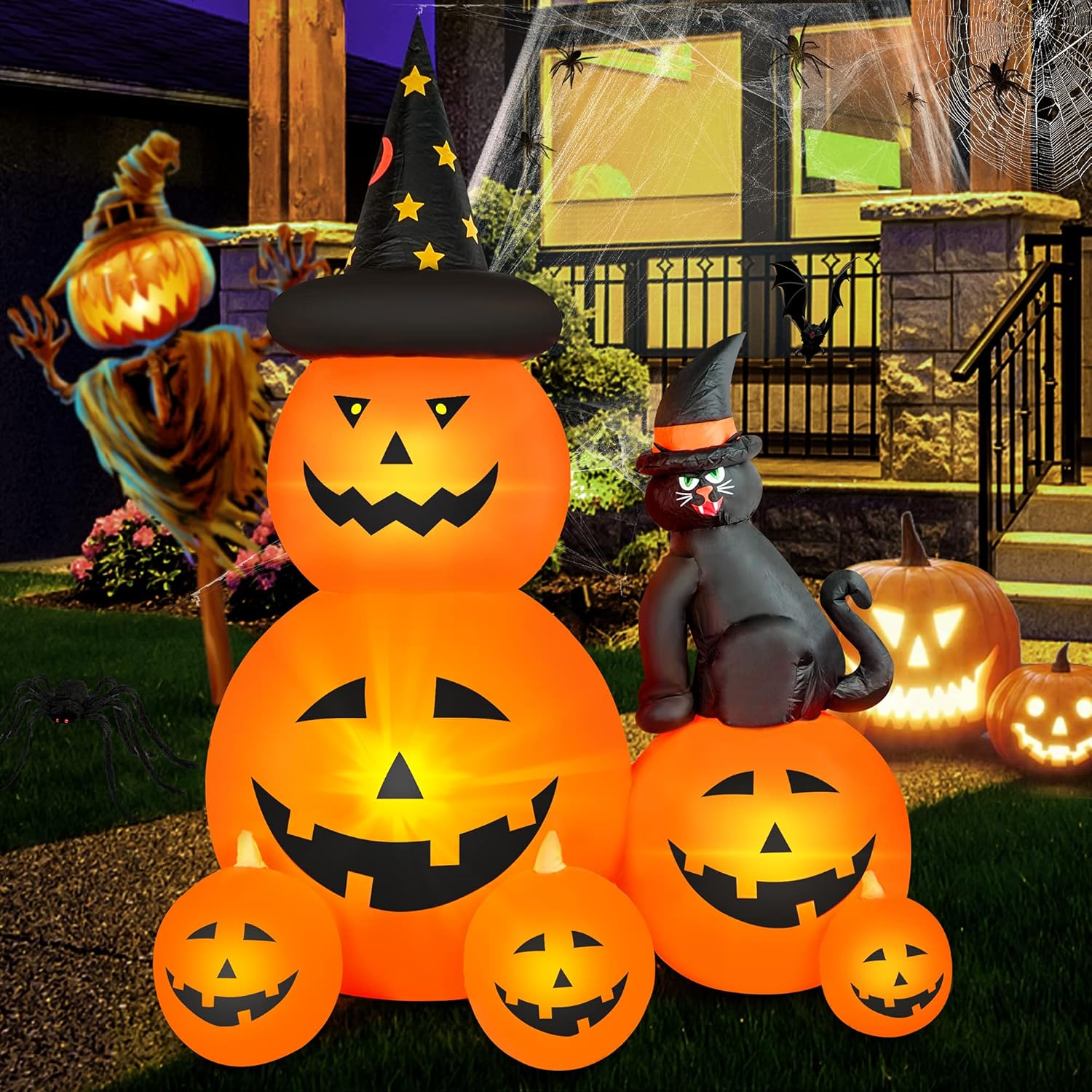 6FT Halloween inflatable decorations spooky ghost pumpkin witch's cat LED blow-up yard garden