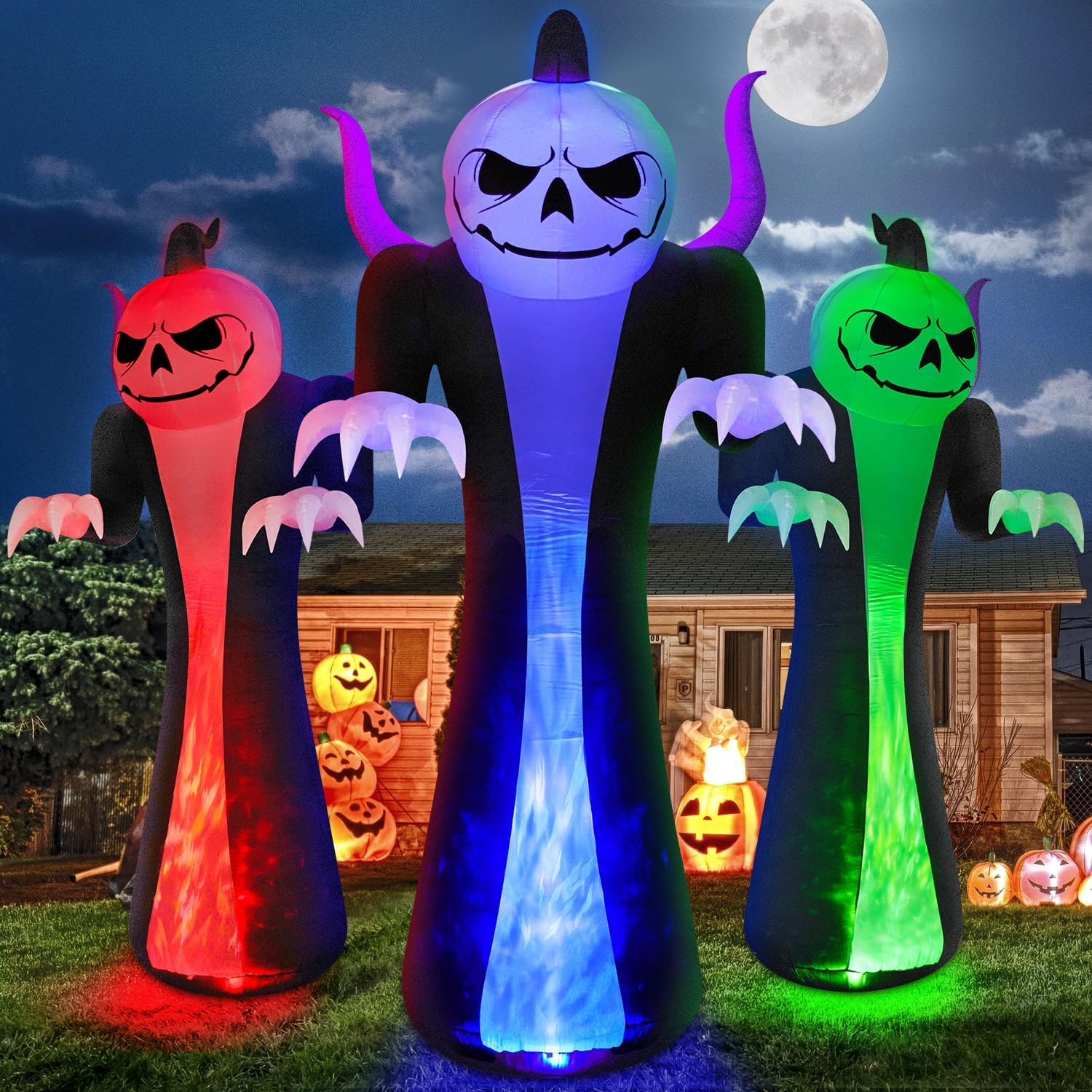 12FT Halloween Inflatables Decoration Giant Pumpkin Reaper Ghost with LEDs for Spooky Yard Decor