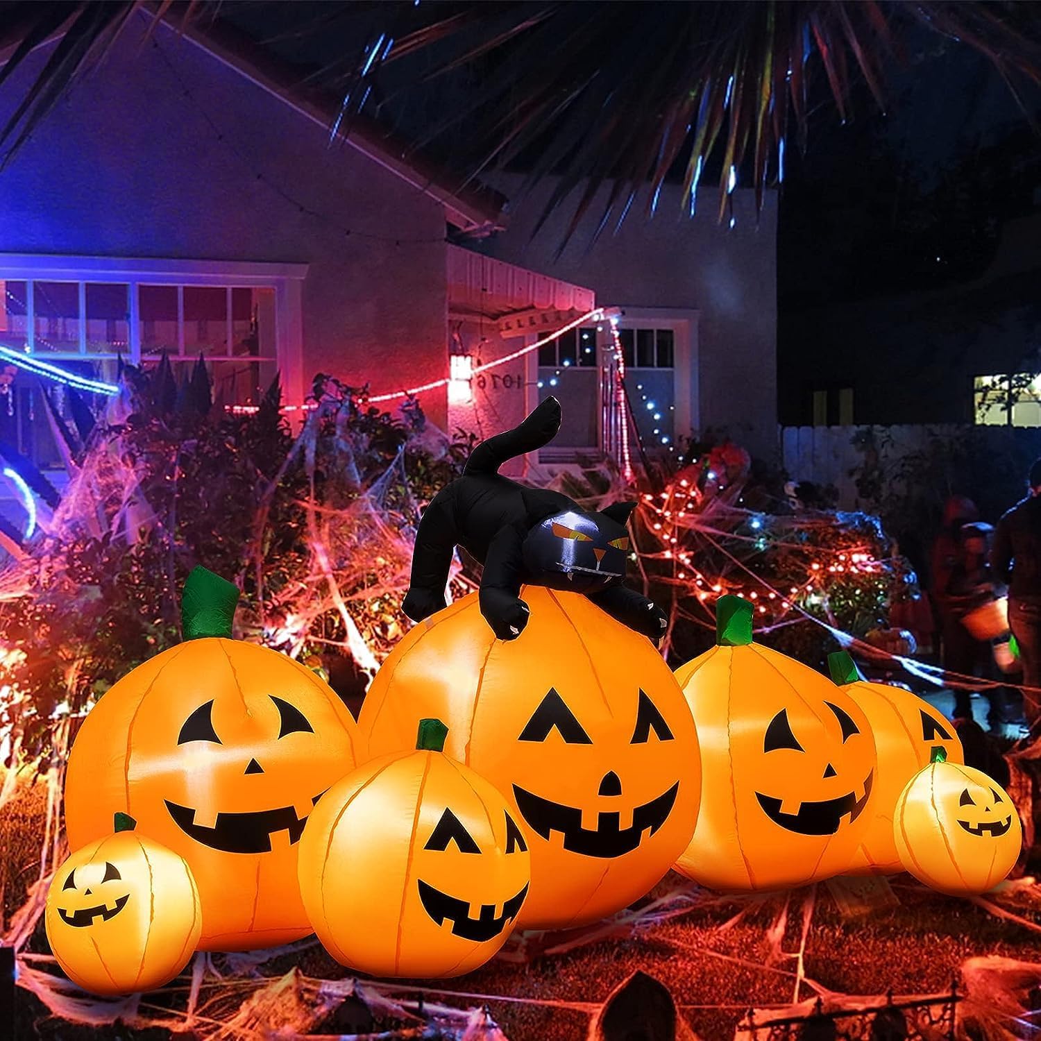 Inflatable Halloween decoration with 8 FT pumpkins and black cat for outdoor lawn and yard.
