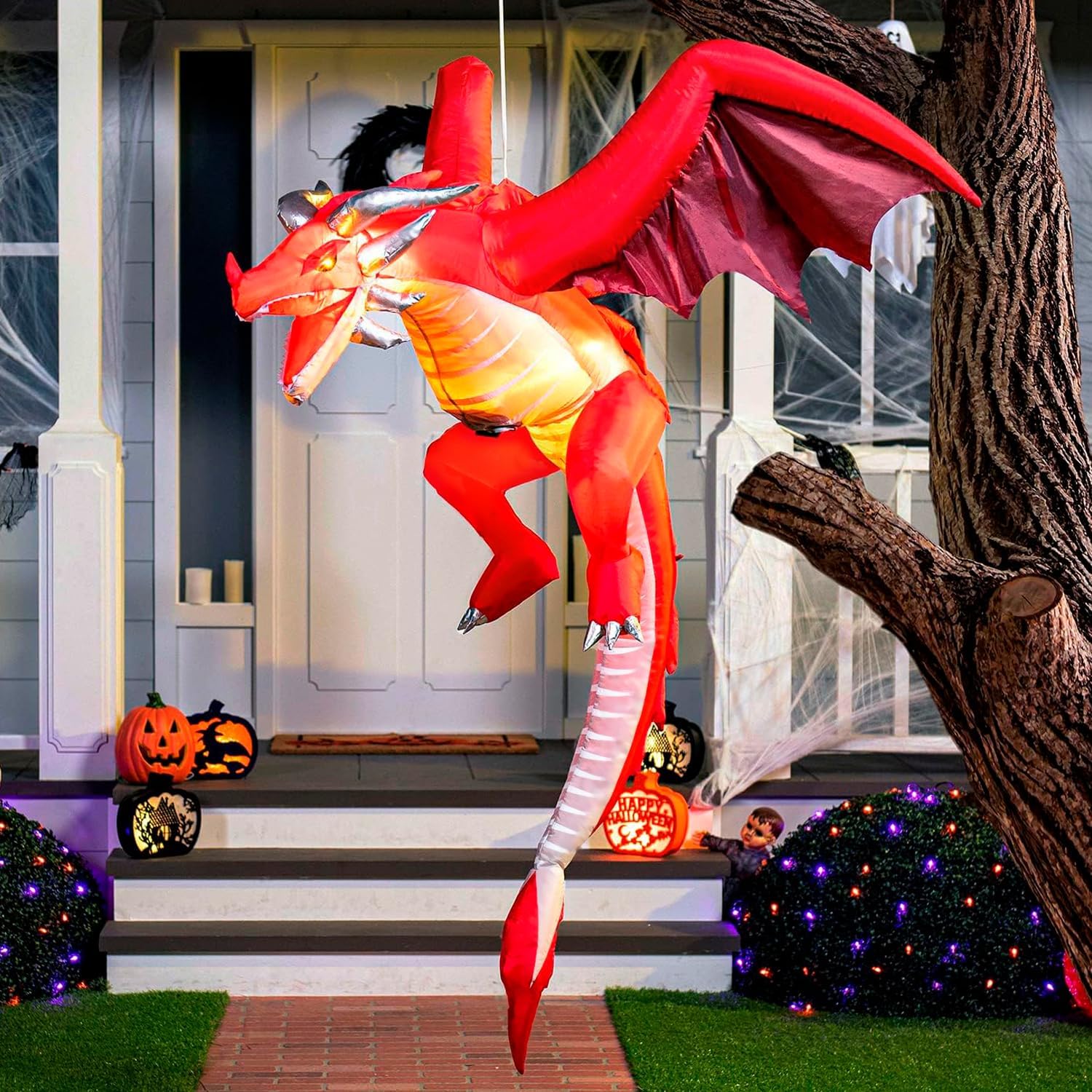 5 FT Halloween Fire Dragon Inflatable with LEDs for Outdoor Decor