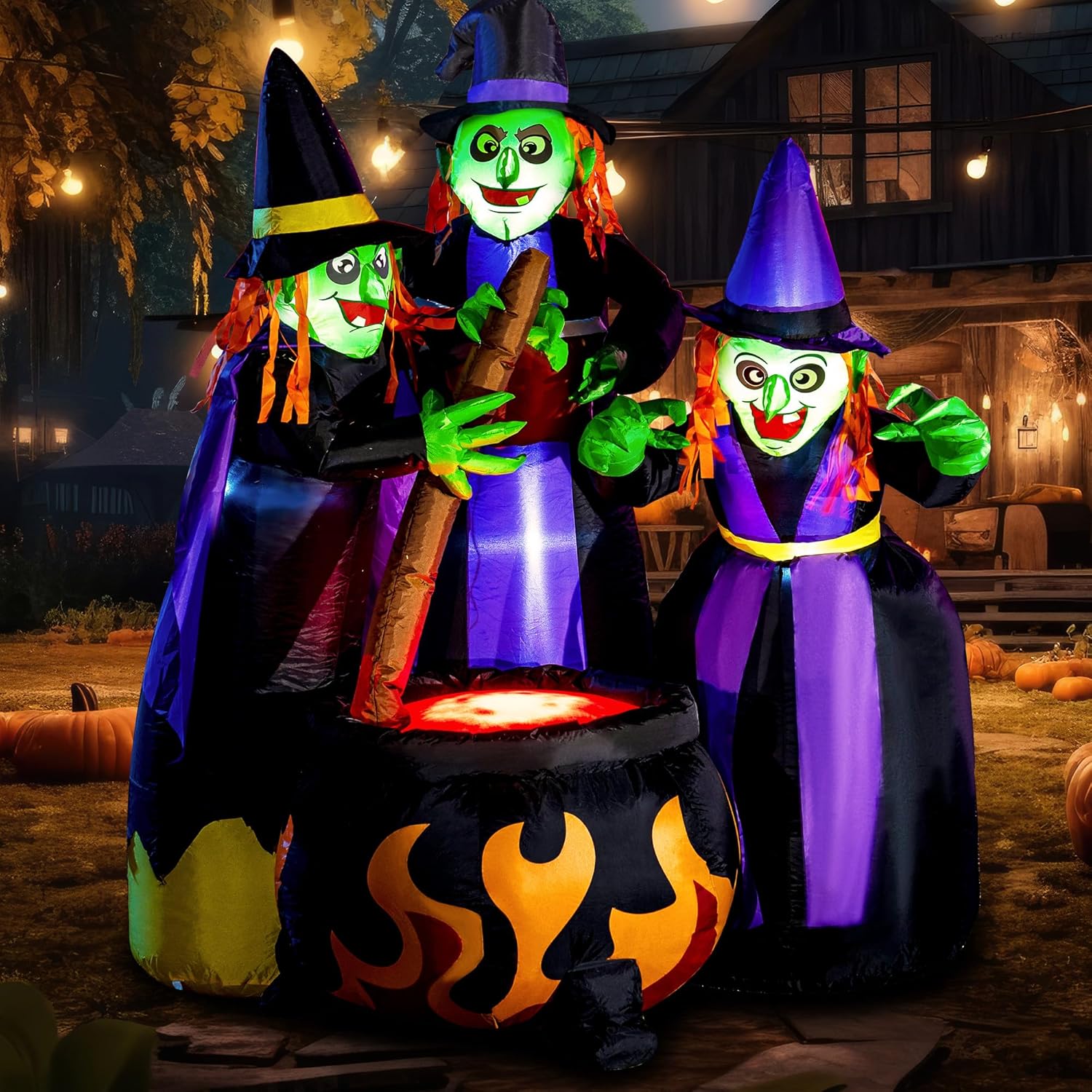 Joiedomi 6 FT Tall Halloween Inflatable Witches Around Cauldron with Flame Light and Built-in LEDs