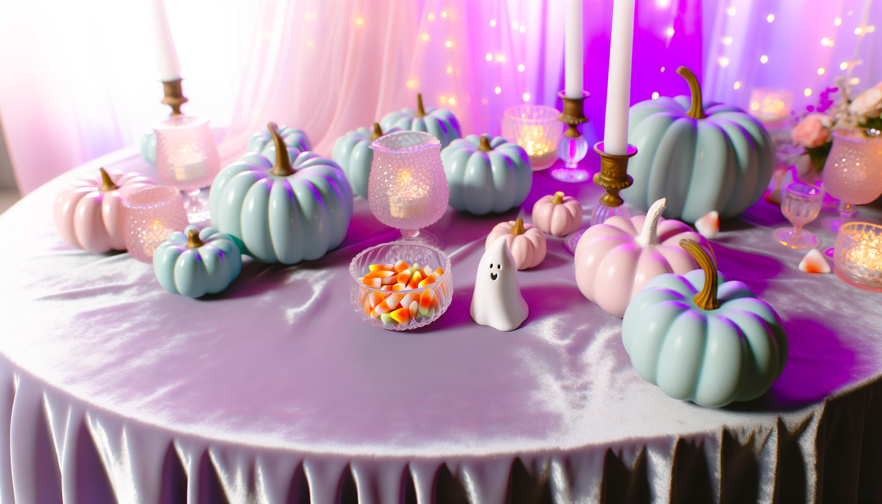 Pastel Halloween table decor with candy, pumpkins, and fairy lights for magical celebration.