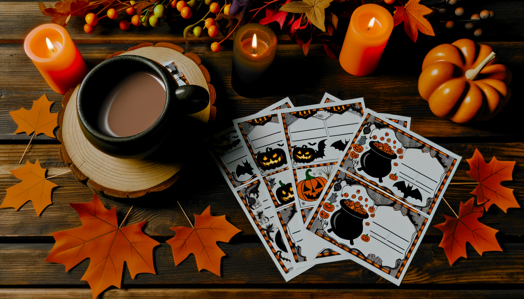 Halloween-themed printable coupons on cozy desk with autumn decor and hot cocoa.
