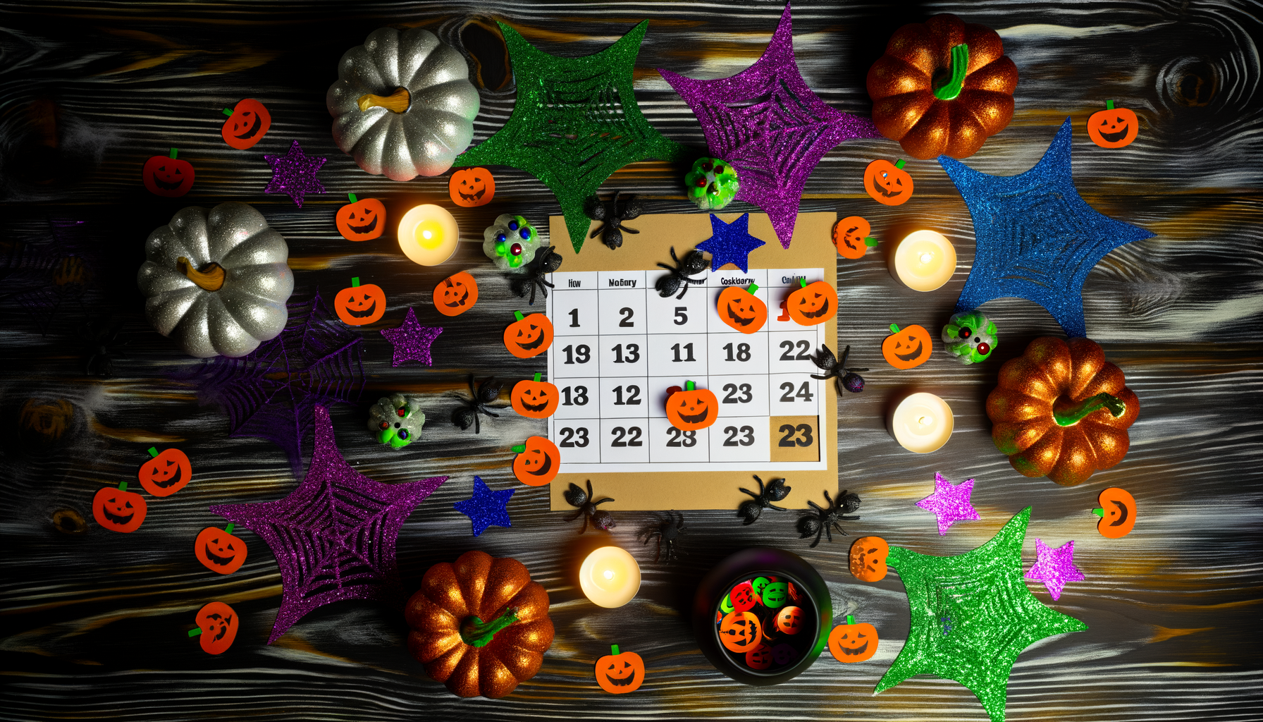 Halloween countdown calendar with festive decorations on wooden table.