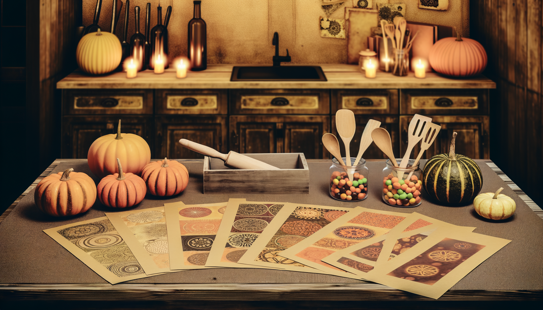 Halloween recipe cards on cozy kitchen table with baking tools and pumpkins.