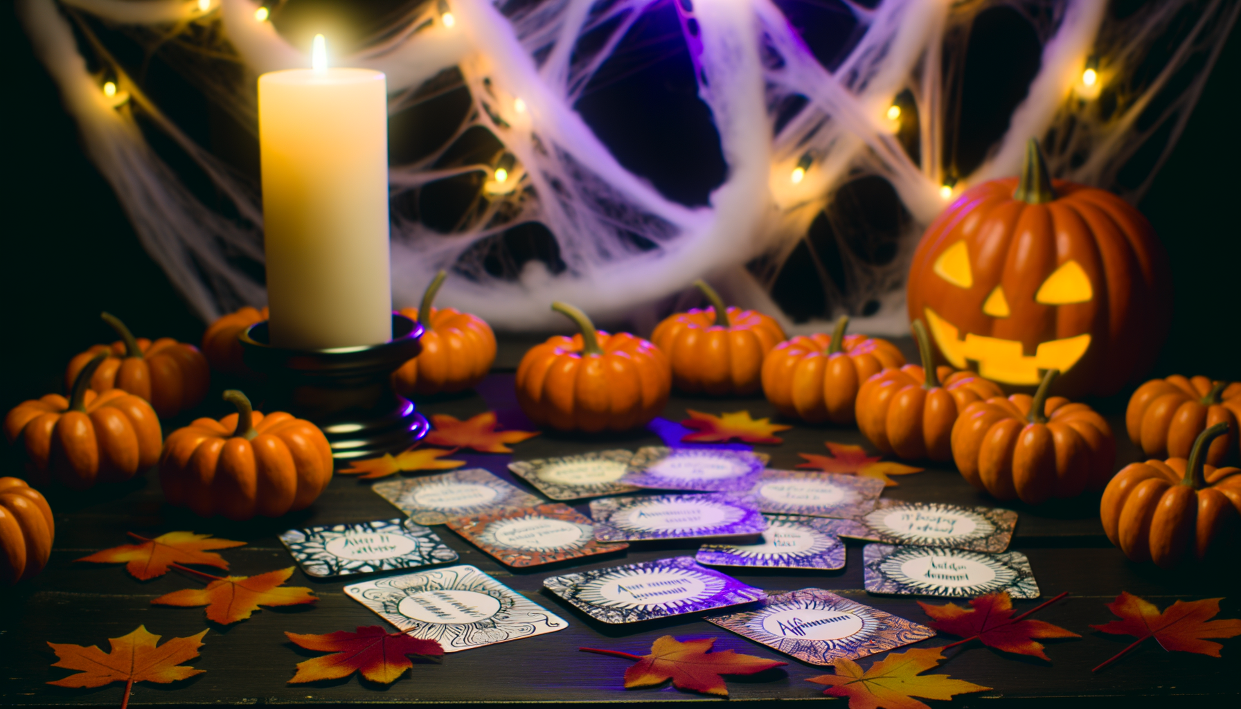 Halloween affirmation cards set on whimsical table with mini pumpkins and candlelight.