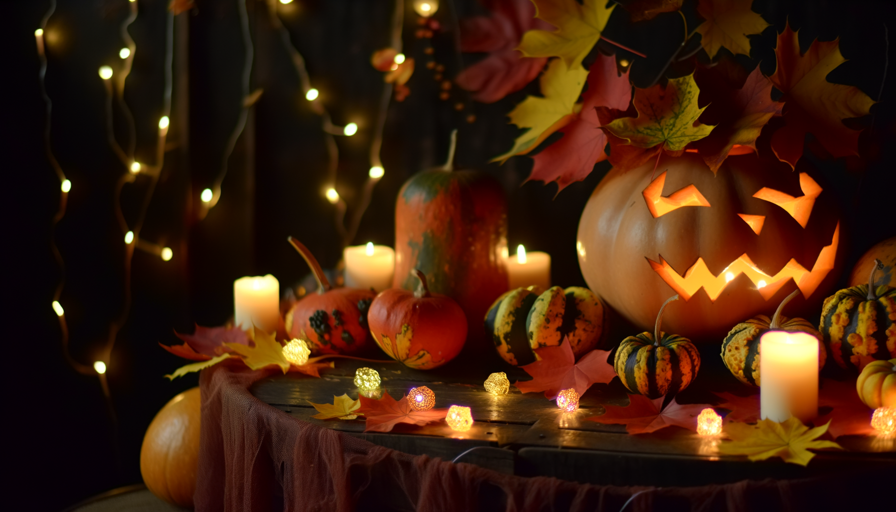 Romantic cute Halloween dinner table setting with pumpkin centerpiece, leaves, and fairy lights.