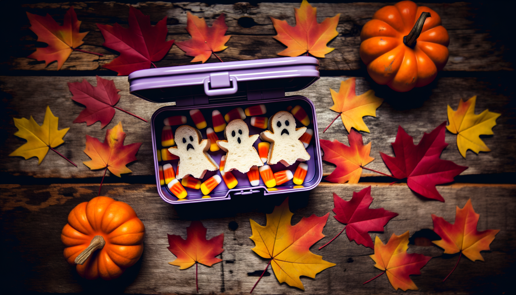 Halloween Lunch Box Notes. Festive Halloween-themed child's lunch with colorful snacks and seasonal decorations.
