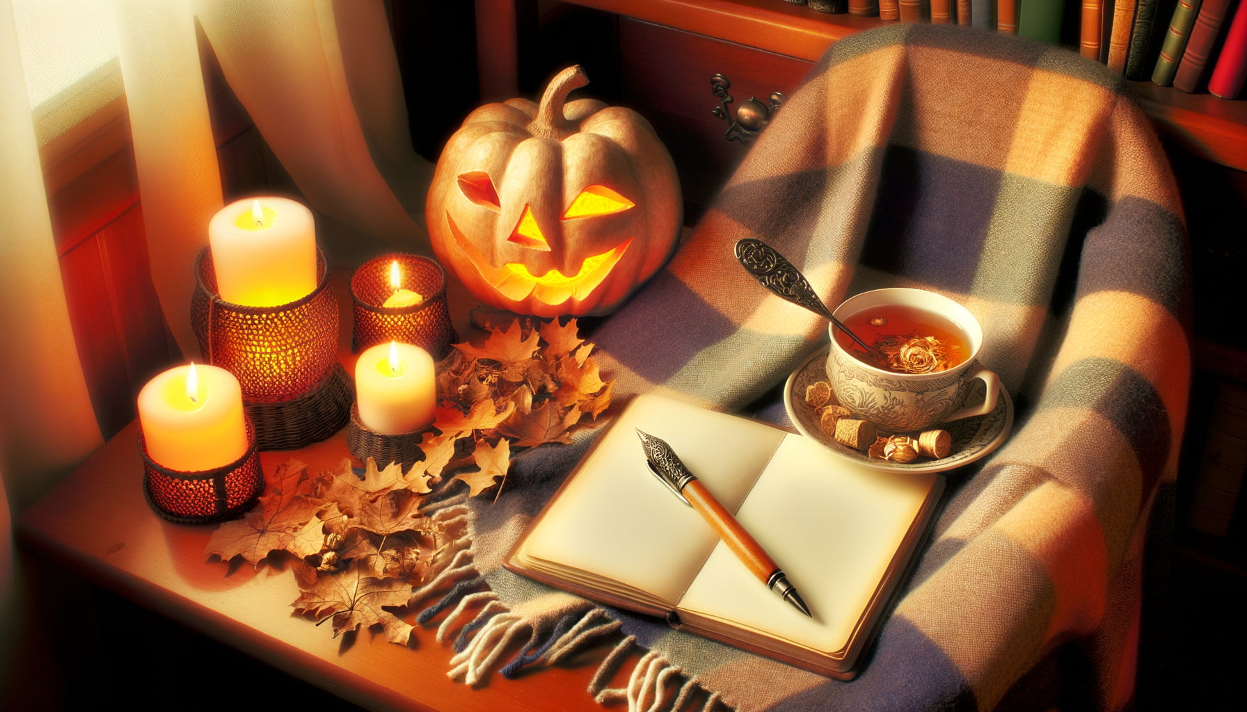 Cozy autumn-themed desk with Halloween decor, perfect for embracing shadow work.