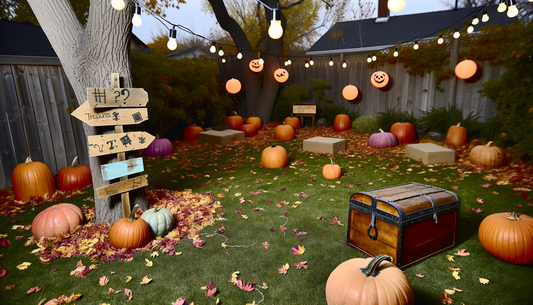 Enchanting Halloween backyard scavenger hunt setup with pumpkins, leaves, and hidden treasures.