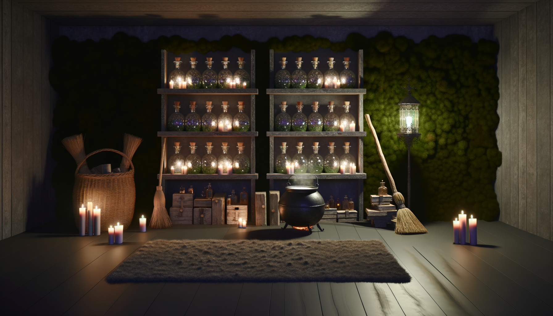 Enchanting witchcore Halloween room with mystical elements - candles, potion bottles, cauldron.