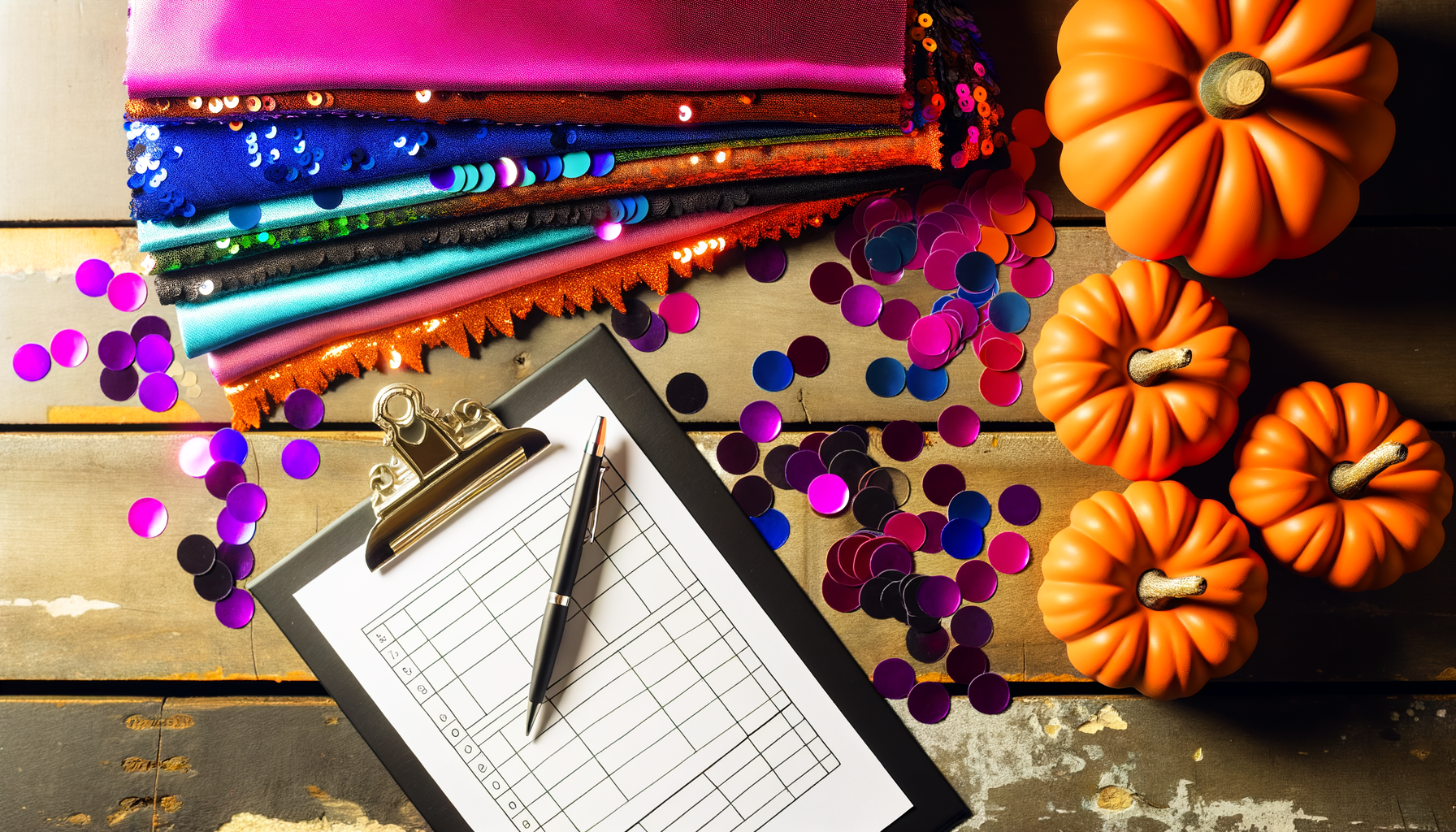 Creative Halloween costume planning workspace with fabric swatches, pumpkins, and planning sheets.