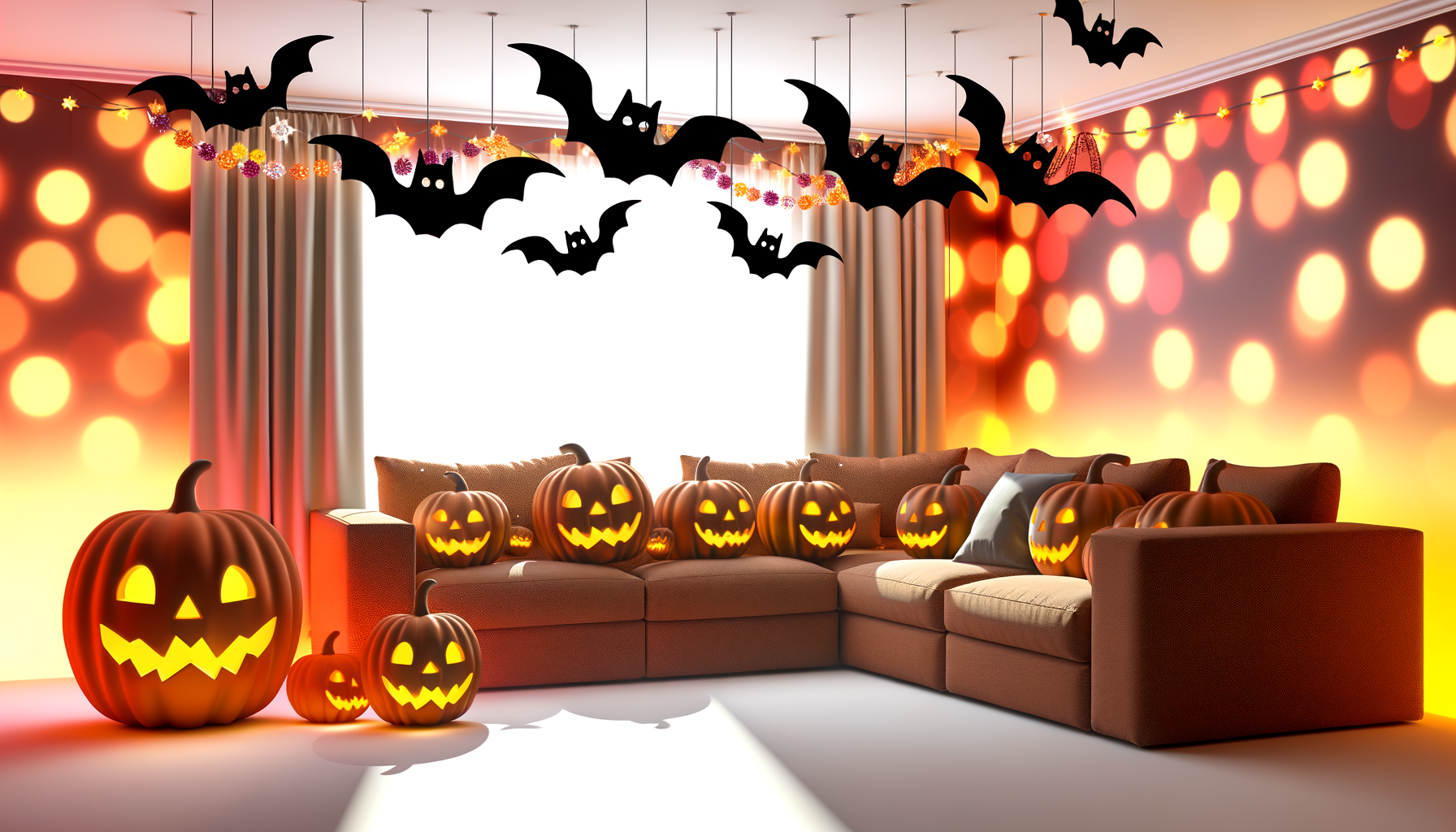 Halloween quote. Cozy Halloween-themed living room with jack-o'-lanterns and paper bats for festive decor.