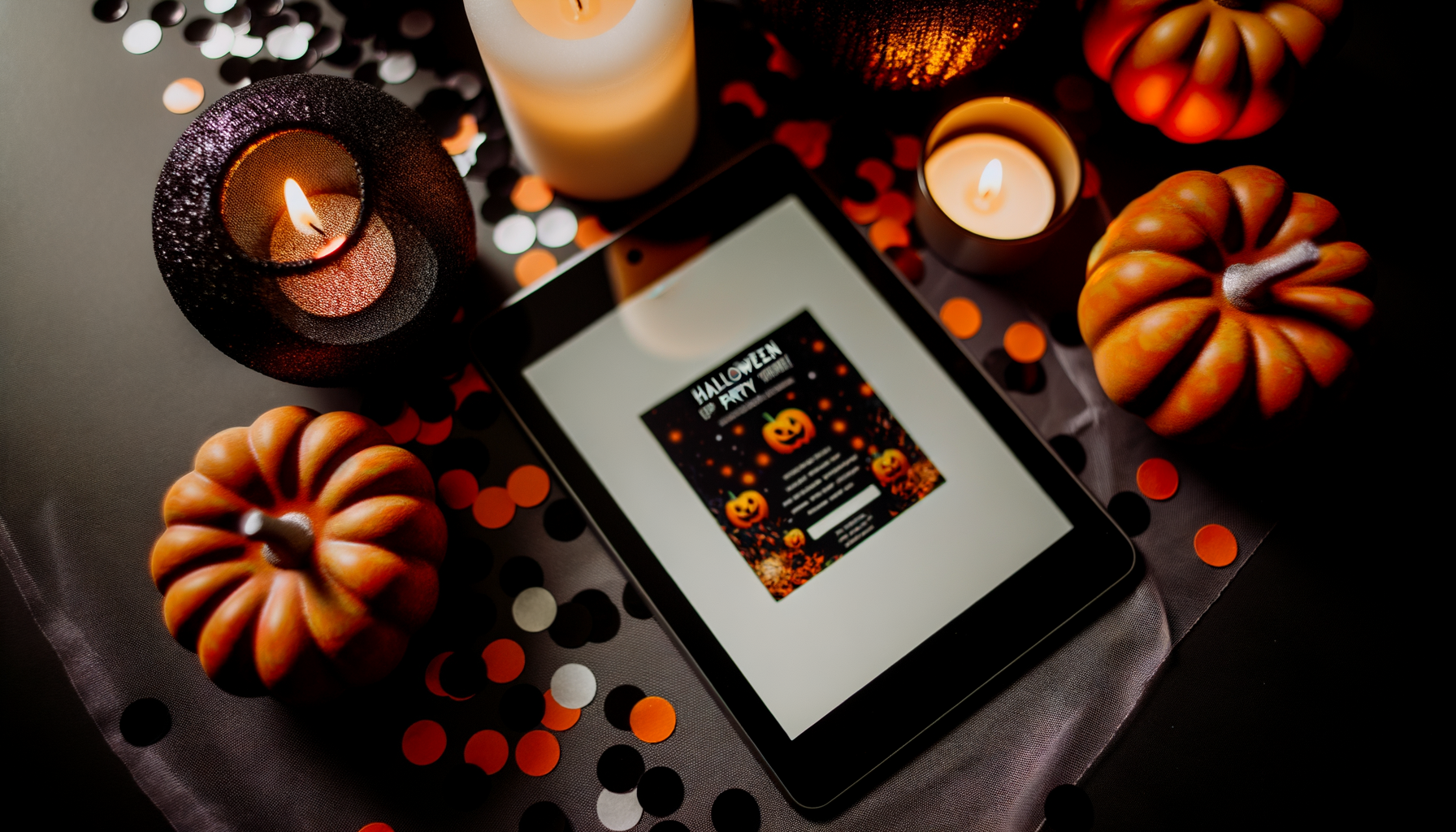 Various Halloween digital party invite designs displayed on tablet with festive decor.