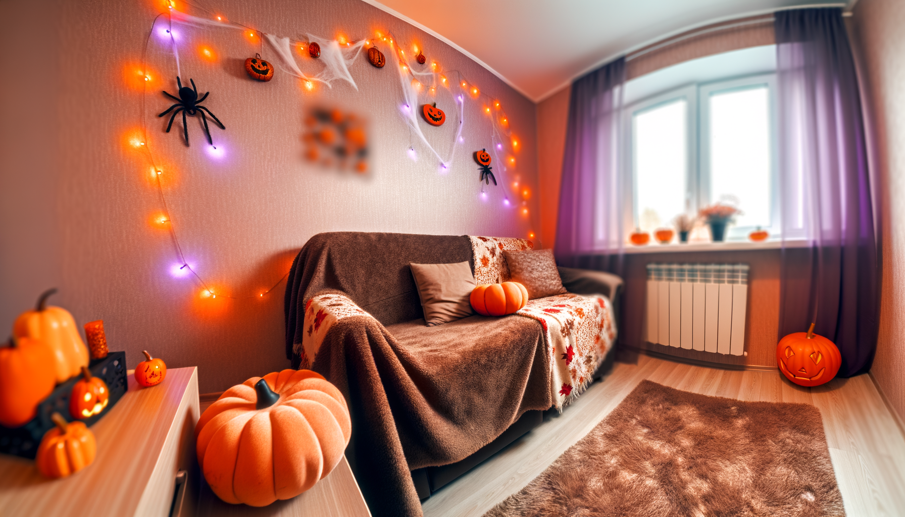 Renter-friendly Halloween aesthetic apartment decor with cozy ambiance, pumpkins, fairy lights, and plush cushions.