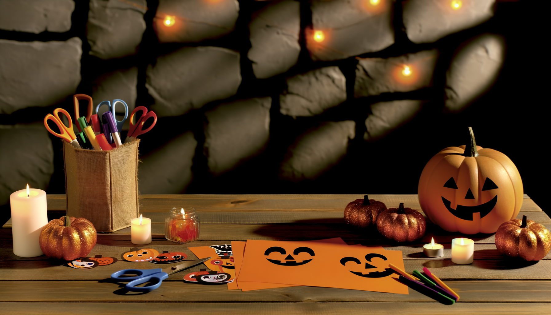 Festive Halloween-themed workspace with printables, markers, and pumpkins for stress-free festivities.