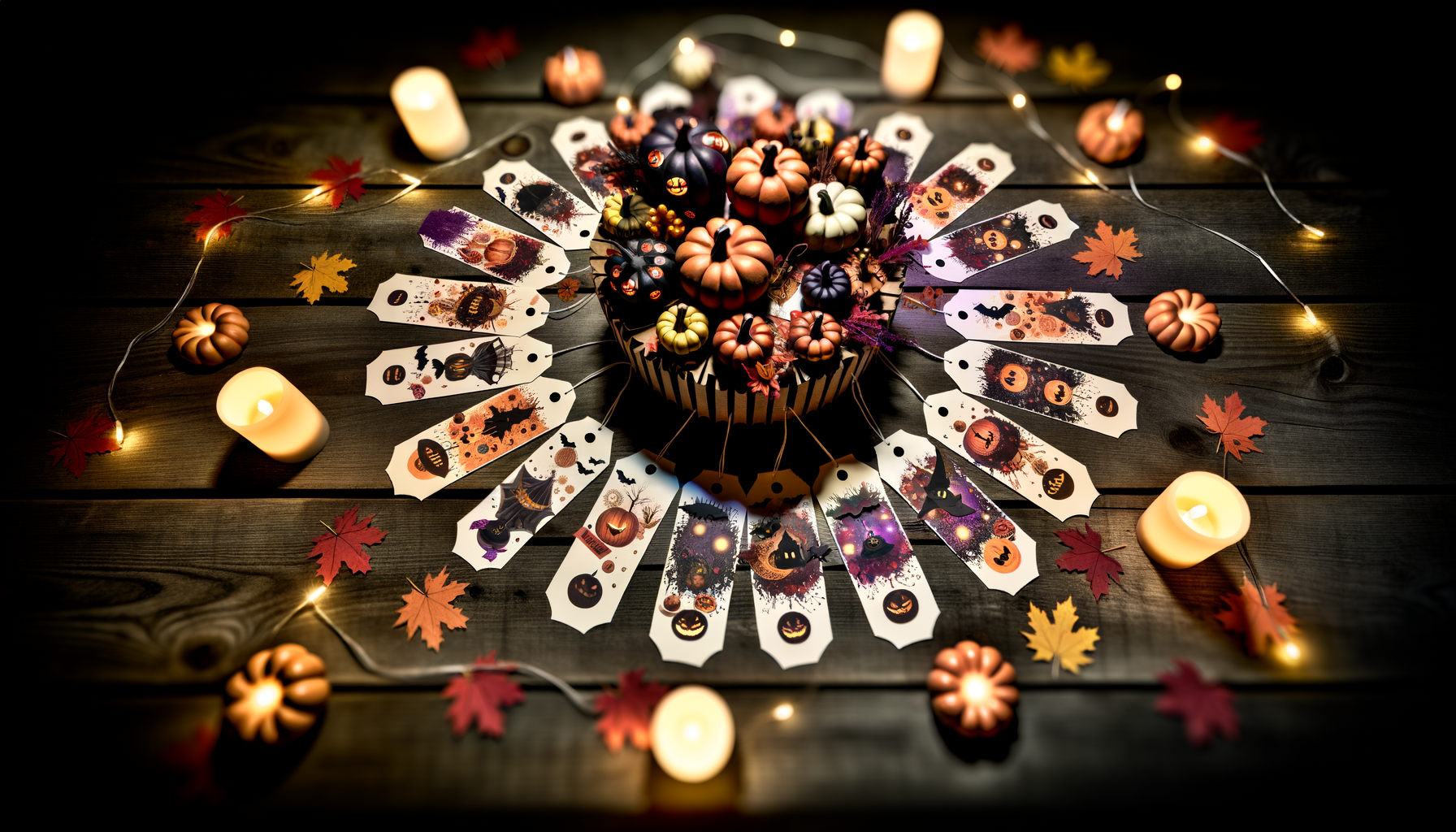 Halloween Gift Tags. Halloween-themed printable gift tag setup with spooky motifs, pumpkins, and candles.