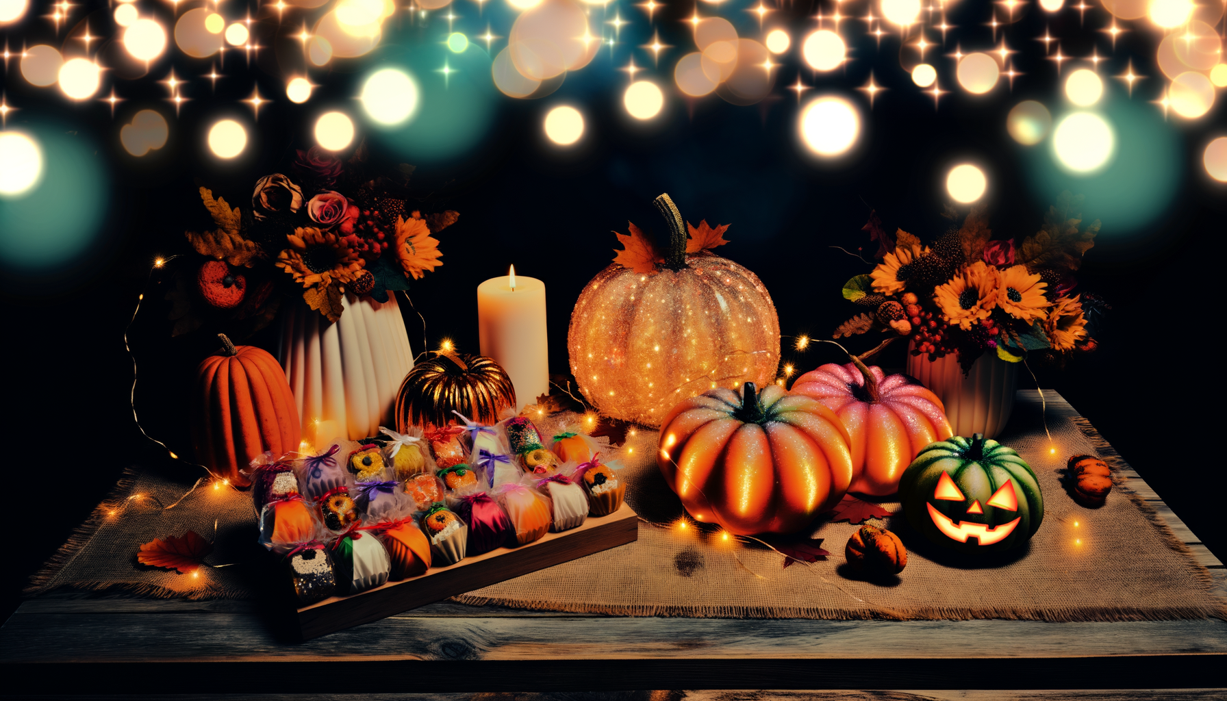 Halloween Conversation Starters. Enchanting Halloween table setting with pumpkins, candy, leaves, fairy lights - perfect conversation starter.